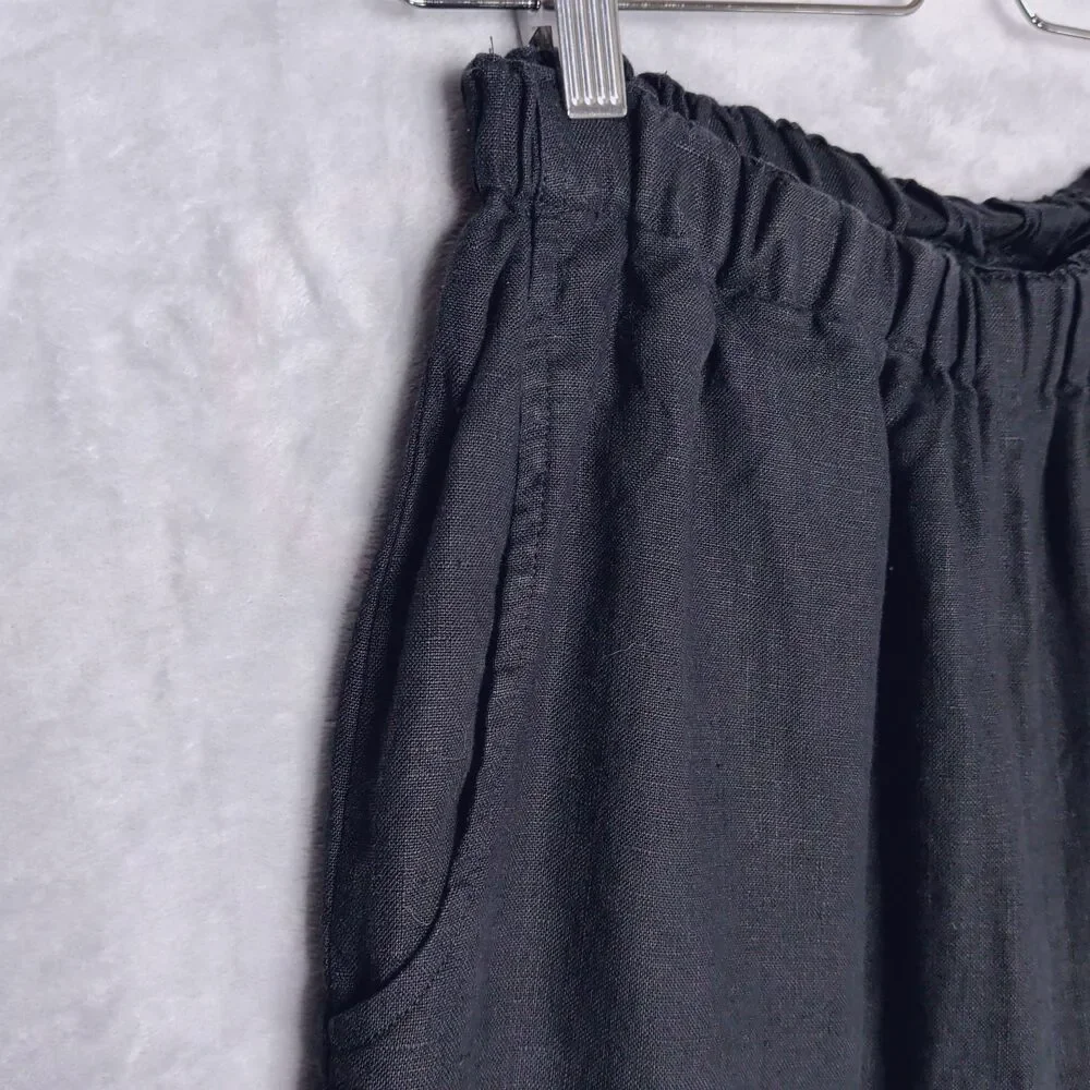 FLAX DESIGNS Black Linen Wide Leg Floods Pant Sz S Pull On Pockets Relaxed Ankle